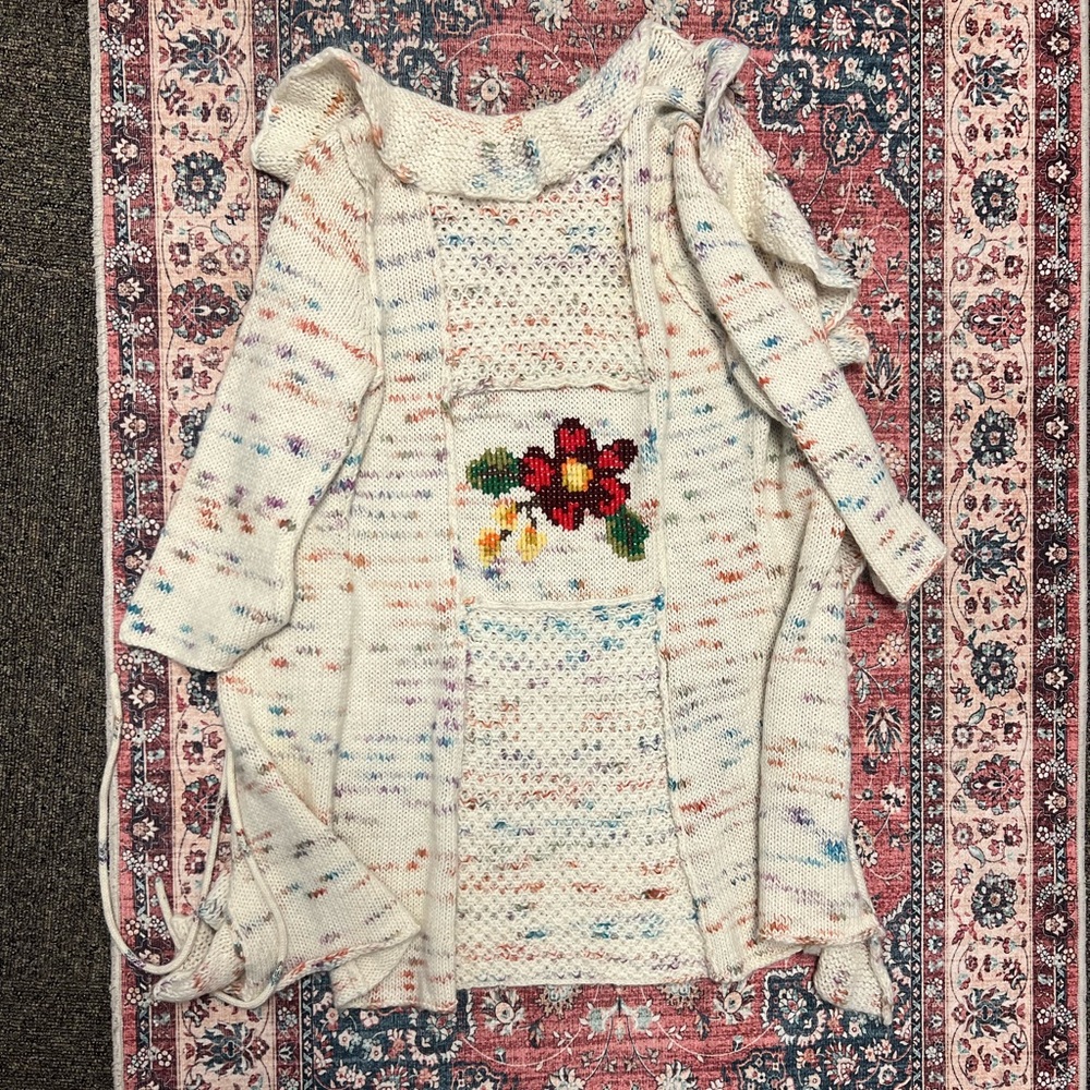 Anthropologie Sleeping on Snow Cream Floral Knit Ruffle Sweater Cardigan - Picture 2 of 9